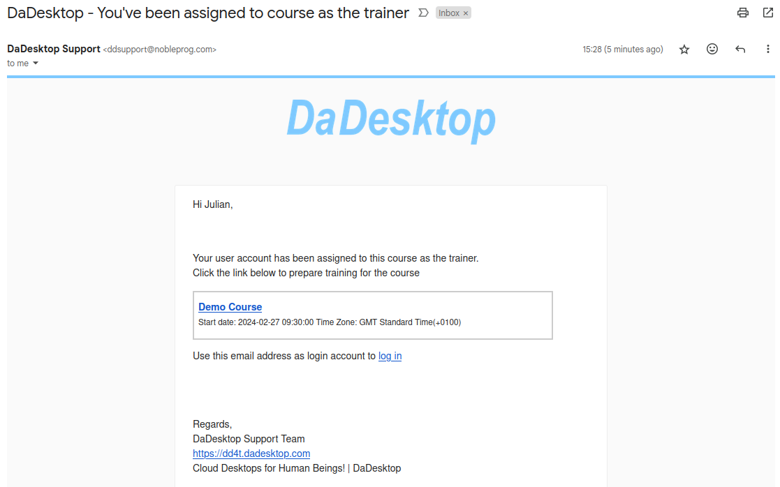 Trainer receives course assignment email